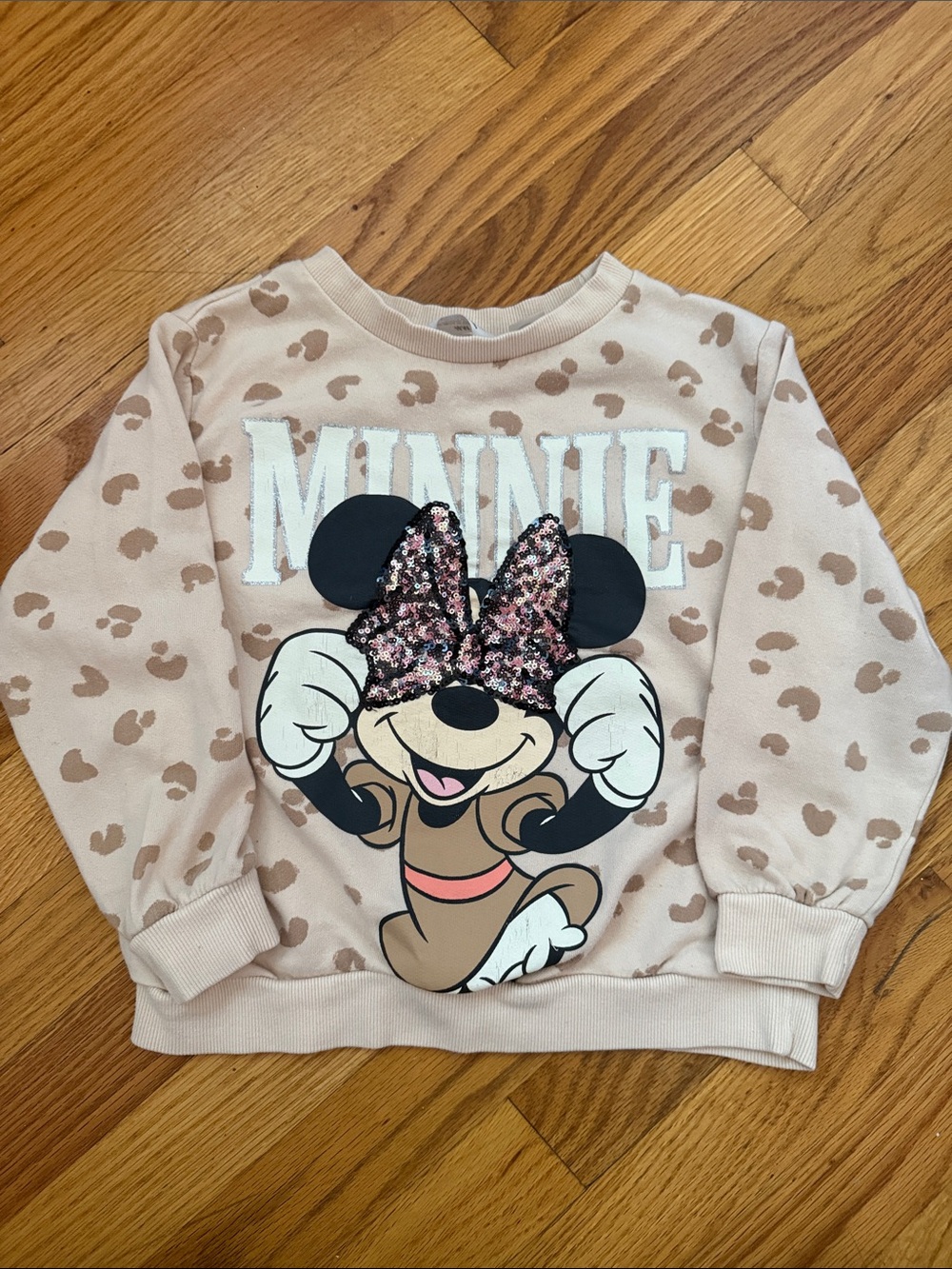 H&M Minnie Mouse Sequin-Bow Pullover Sweatshirt - Light Pink Beige 5T-6